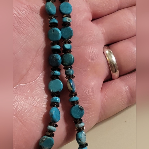 Solid sterling silver African smokey quarts with beautiful raw turquoise - Picture 2 of 4